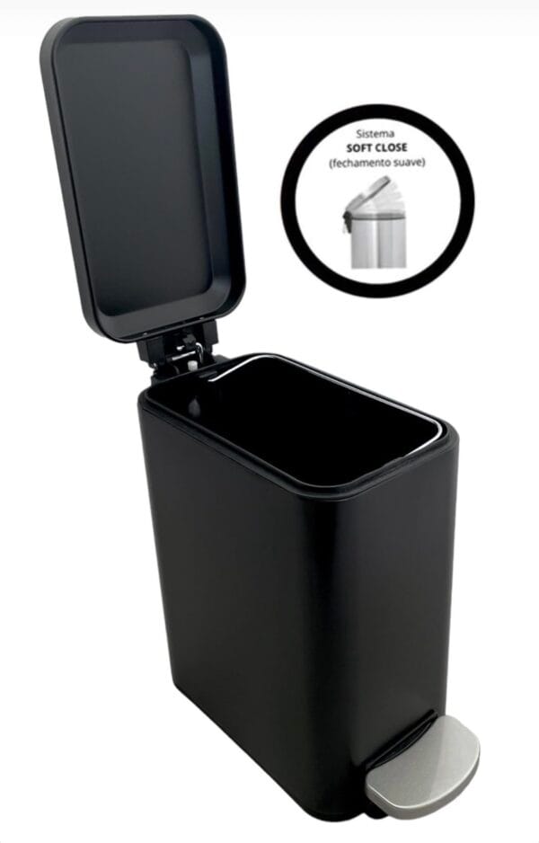 Lixeira retangular slim 6L com pedal e fechamento suave da tampa 29x14x30cm